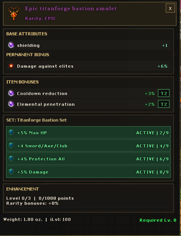 Epic Titanforge Bastion Amulet card with four active set bonuses highlighted in green