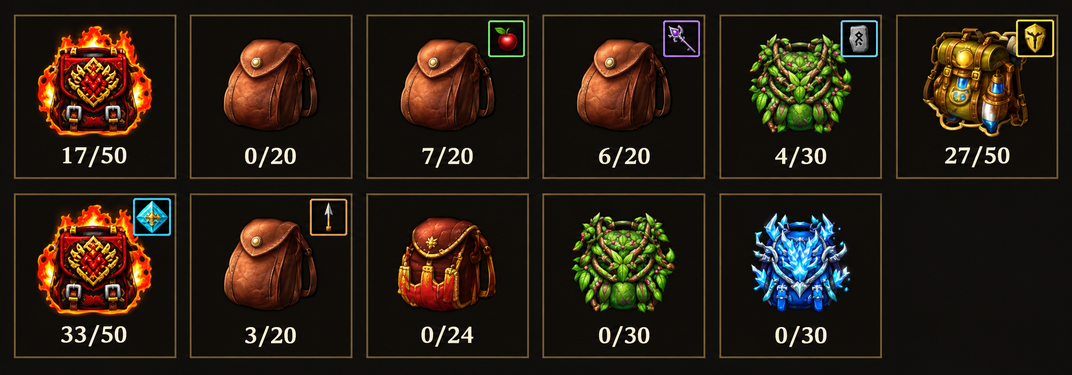 Backpacks with category badges for gathering, equipment, runes, keys, materials and ammunition