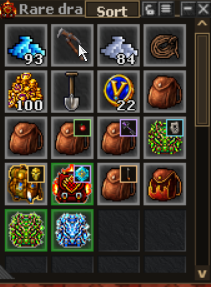 Backpack with the Sort button beside its name and a pickaxe in the second slot of the top row