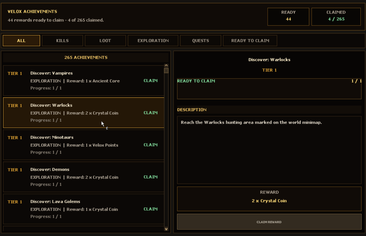 Achievements categories, Discover Warlocks objective and Claim Reward button