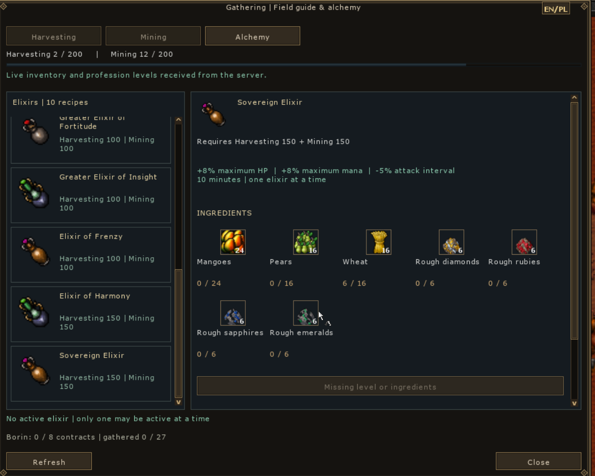 Alchemy recipe list and Sovereign Elixir ingredient requirements