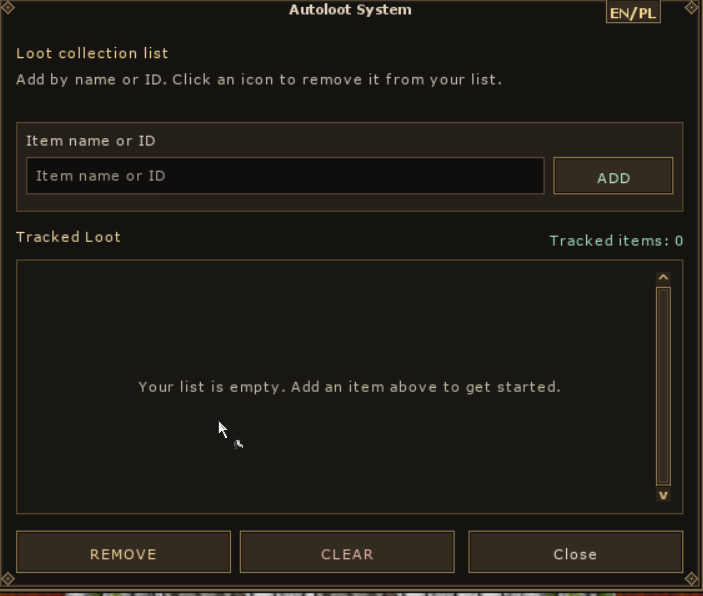 Autoloot name or ID input, tracked-item list and management buttons