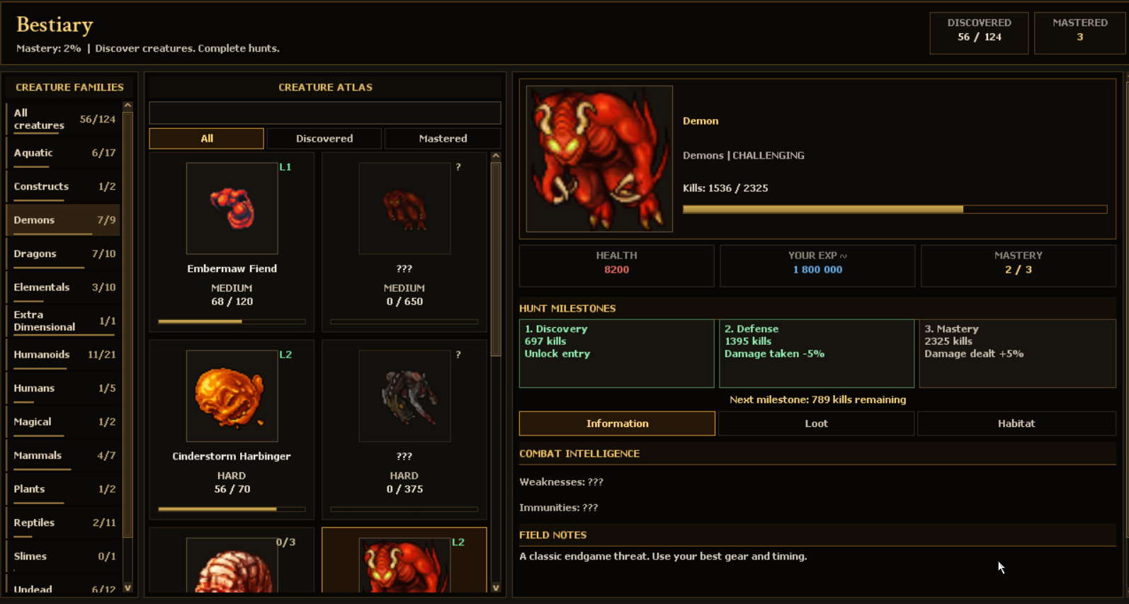 Bestiary creature families, Demon entry and three hunt milestones