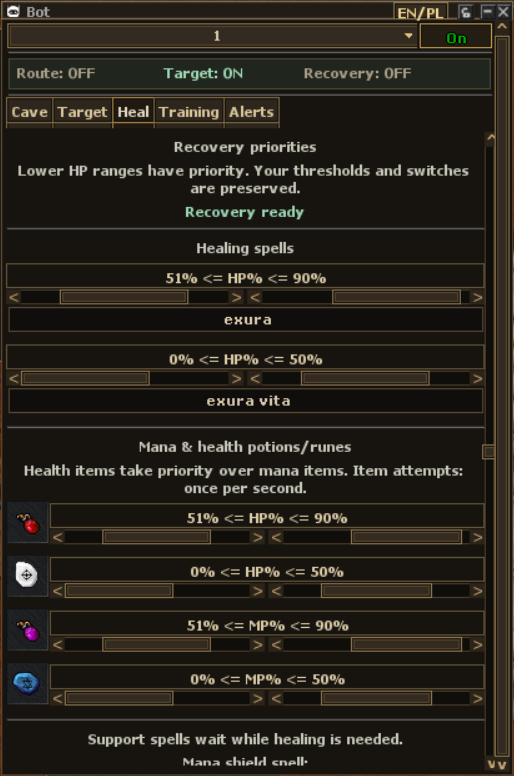 Heal tab with HP and MP thresholds, spells, items and Recovery status