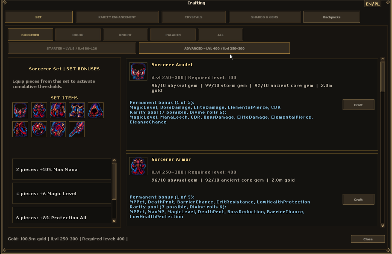 Advanced Sorcerer Set recipes and cumulative set bonuses
