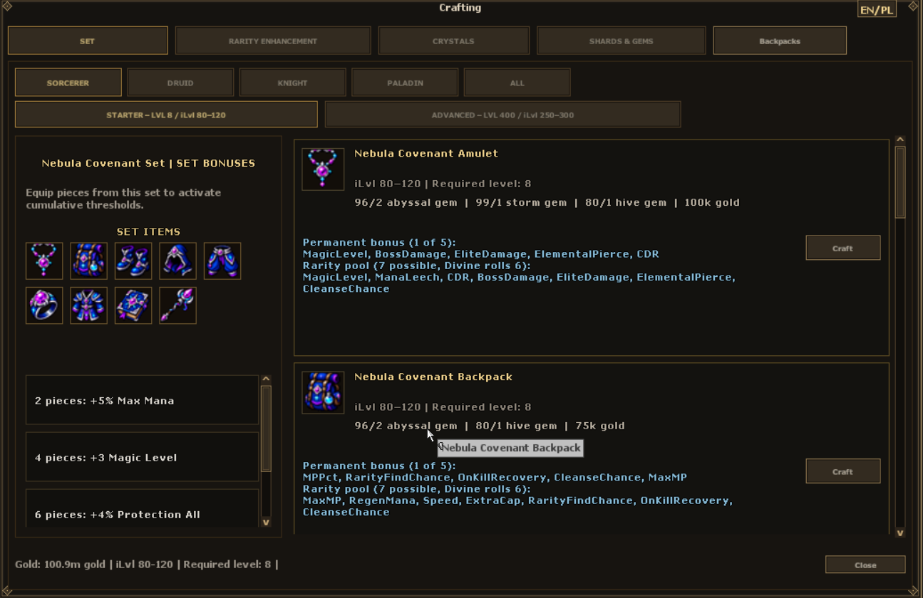 Nebula Covenant starter-set recipes, required materials and set bonus thresholds