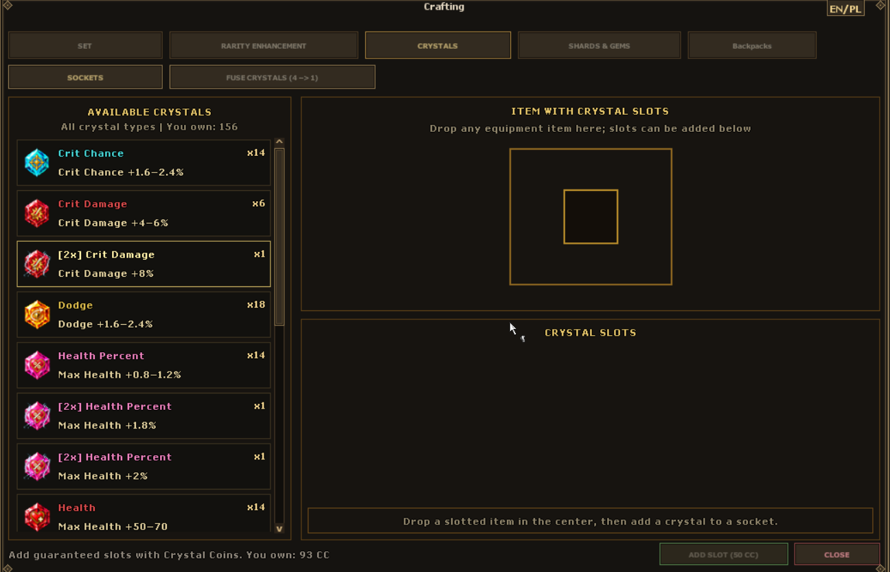 Crystals tab with crystal list, equipment drop area and socket panel