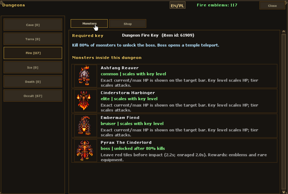 Fire Dungeon key requirement, four enemy previews and boss unlock condition