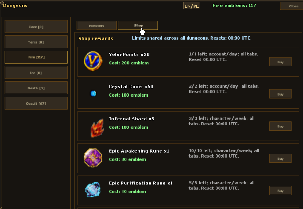 Dungeon shop offers for Velox Points, Crystal Coins, shards and runes with limit counters