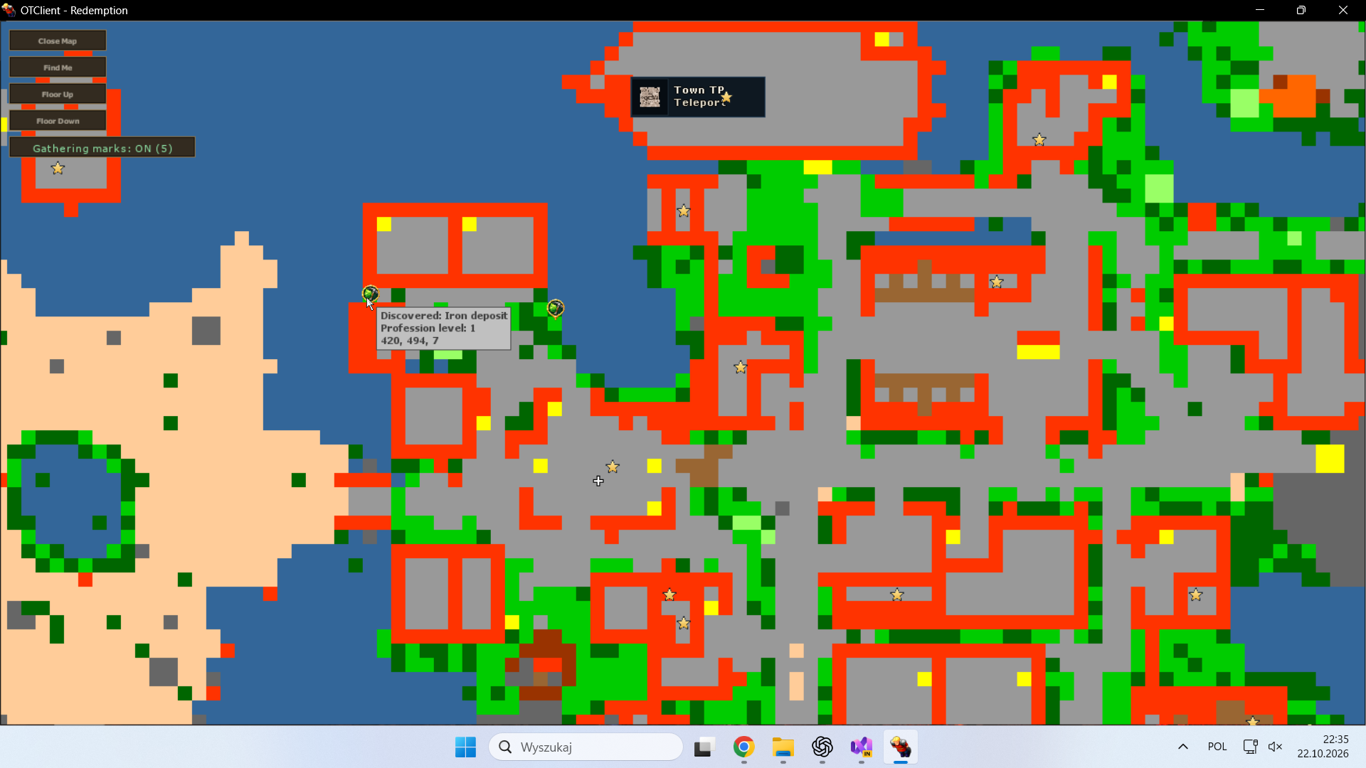 Full map showing discovered iron deposits and the Gathering marks toggle