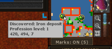 Minimap resource markers, iron deposit tooltip and Marks ON button