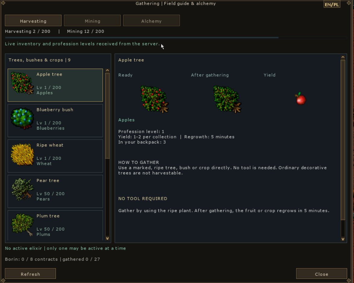 Harvesting guide with plant list, apple tree before and after gathering, and its fruit