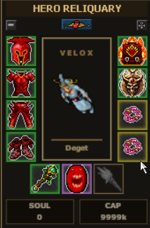 Hero Reliquary equipment panel, character preview, two ring slots and capacity