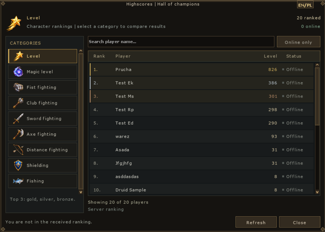 Character rankings with skill categories, player search and online-only filter