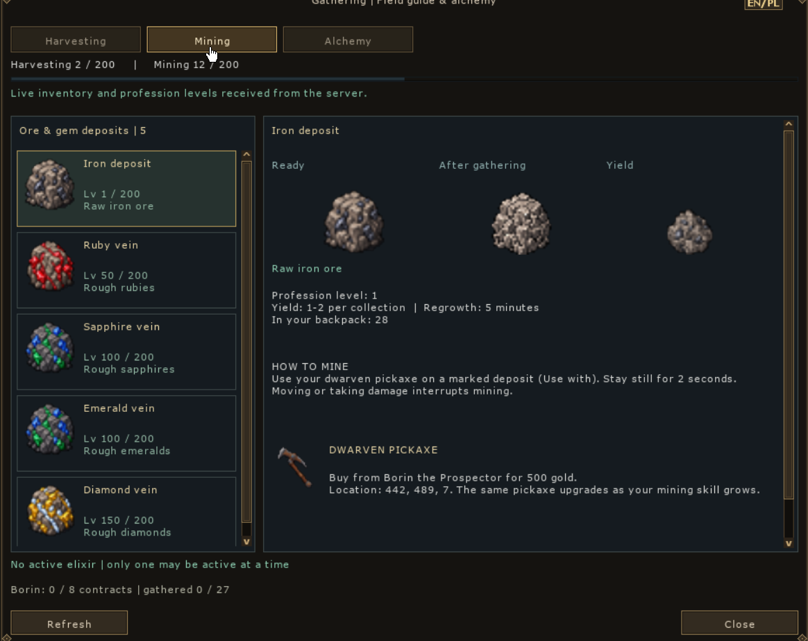 Mining guide with five deposit types, raw iron ore and a dwarven pickaxe