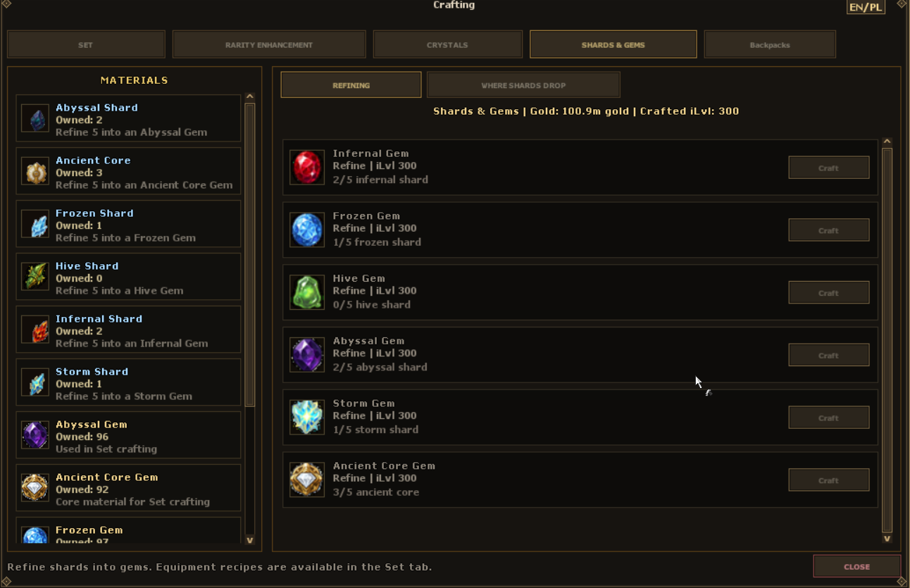 Shards and Gems material list, refining recipes and shard-drop information tab
