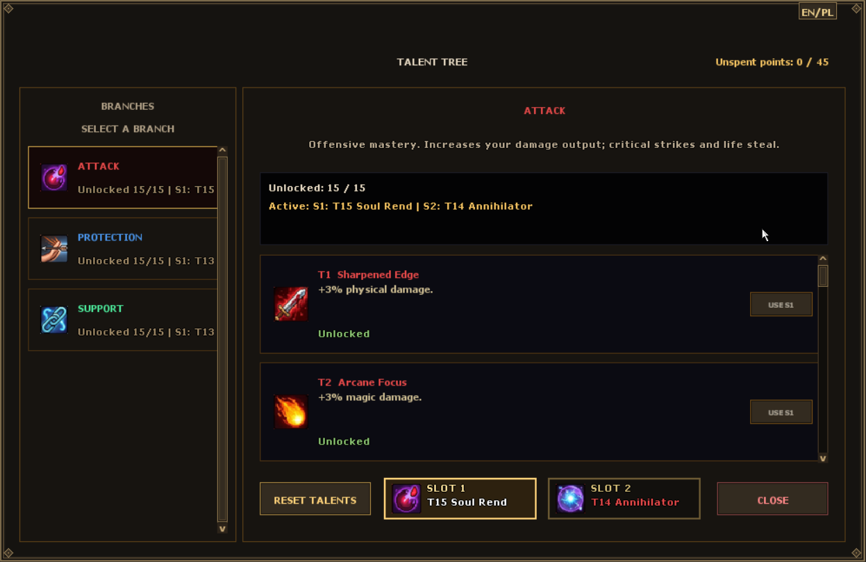 Attack, Protection and Support branches with talent descriptions and active S1 and S2 slots