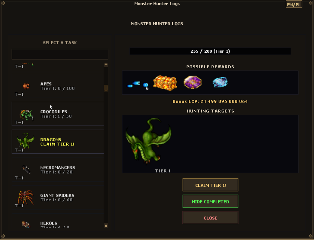 Monster Hunter Logs task list, Dragons progress and tier reward preview
