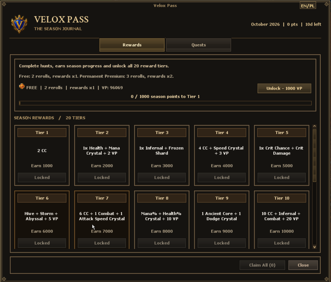 Velox Pass Rewards and Quests tabs, season progress and twenty reward tiers