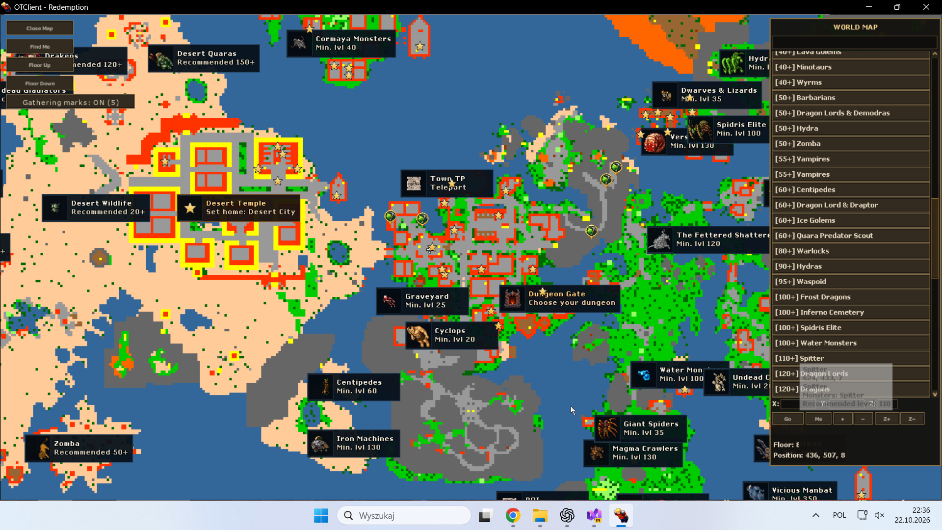 World map with hunting-ground search, creature labels, level guidance and location list